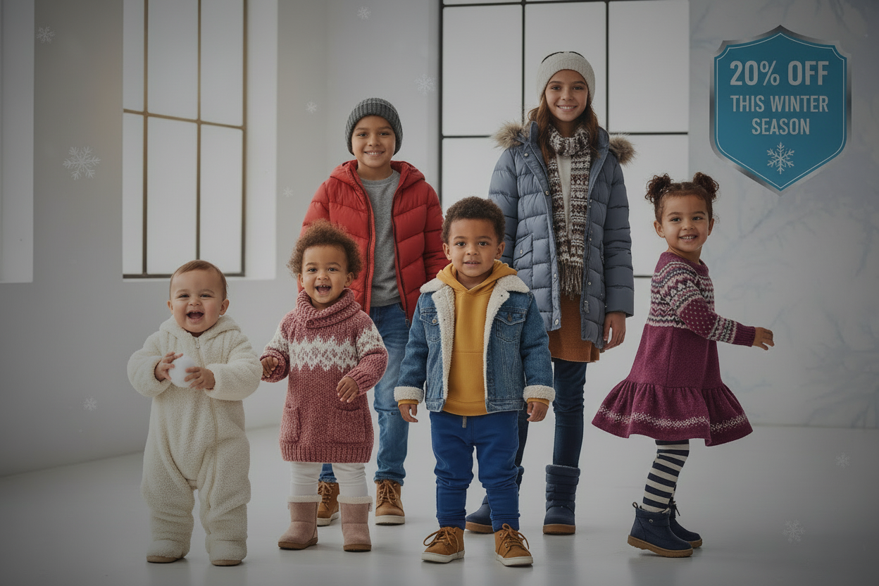 a VERY BEAUTIFUL ATTRACTIVE, HIGHLY CONVERTING HERO IMAGE, SPECIFIESD FOR THE KIDS APPAREL STORE WHERE THERE ARE MULTIPLE CLOTH CATEGORIES OF BOYS, GIRLS, BABY GIRLS, BABY BOYS, TODDLER BOYS, TODDLER GIRLS, ALL THERE PRESENCE IN THIS IMAGE, WITH BEST LOOK, MENTION THE 20% OFF FOR THIS WINTER SEASON, IN A CORNER, MAKE THE WHOLE IMAGE ATTRACTIVE
I WANT TO ADD A SO THAT THE CONTENT ON THE SECTION  LOOKS PROPERLY
SLIGHT OVERLAY BLACK SHEET, 