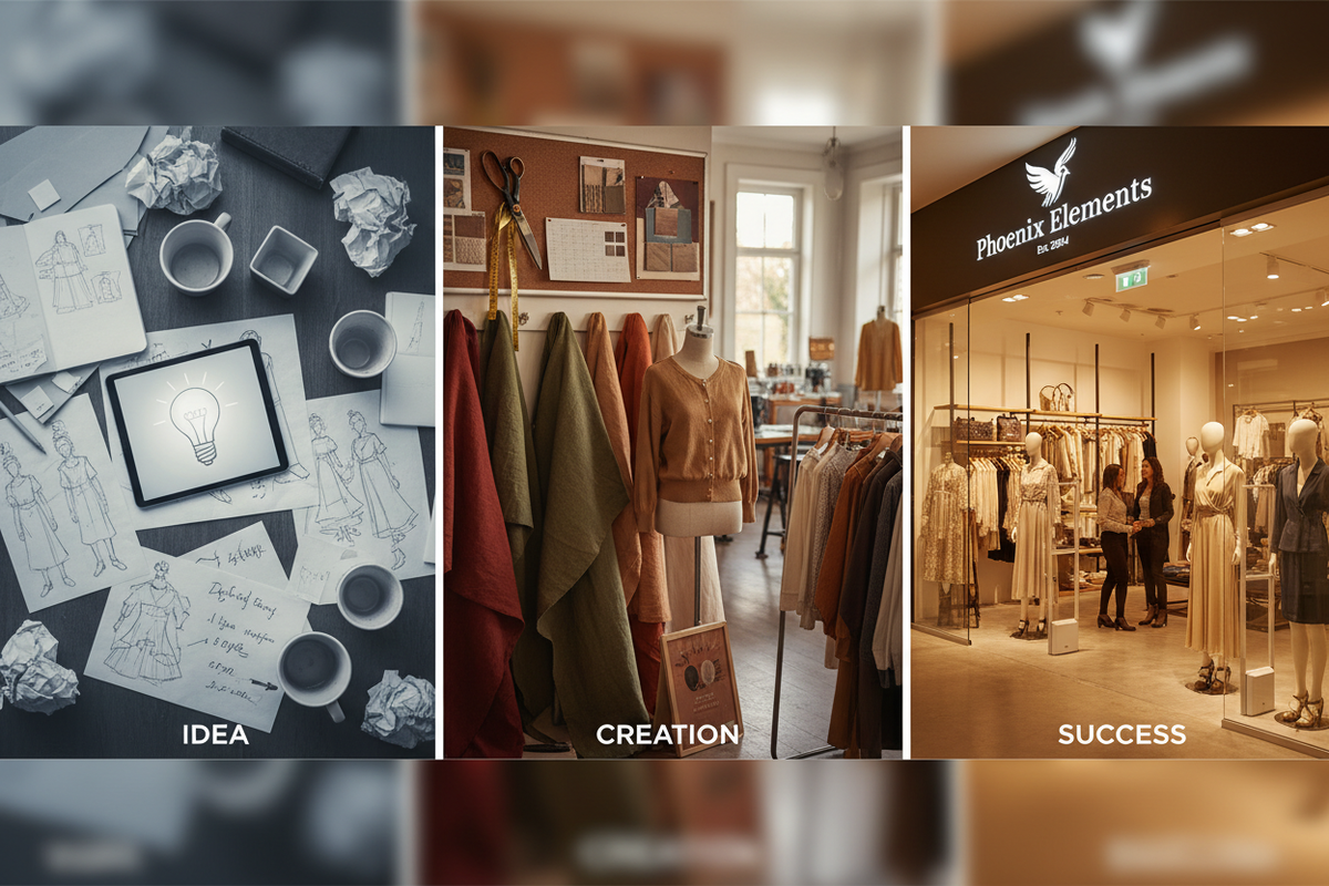 GENERATE AN IMAGE EXPLAINING THE OUR STORY PORTION, FROM IDEA TO THE BEST APPAREL STORE WITH RESLITIC LOOKNM 